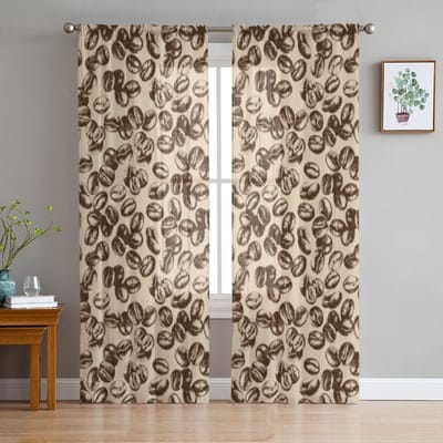 Schets Vintage Koffiebonen Tule Gordijnen Voor Woonkamer Transparant Gordijn Slaapkamer Sluier Organza Decoratieve Raambekleding 135W x 114H(cm) brown