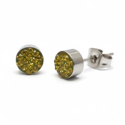 Rvs sieraden- Oorbellen -Zilverkleurige oorstekers -Olijfgroen kristal