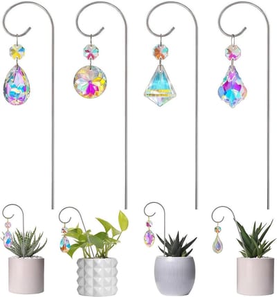 Mini plantenrek 4-delig - kristallen prisma's - zilverkleurige plantsteunen - creëer regenbogen - ShopVlot