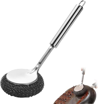 Stalen Scrubber Met Lange Steel,Keuken Staalwol Pot Scrubber | Schotelschrobborstel Staalwolschrobmachine voor borden, potten