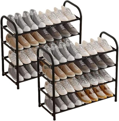 Schoenenrek Smal Uitschuifbaar Ruimtebesparend Uitschuifbaar schoenenrek 45 tot 83 cm Zwart voor hal, gang, buiten　 (Zwart, 2 stuks/4 verdiepingen)