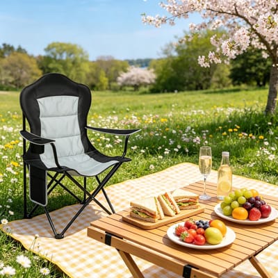 MIVRAY Campingstoel 84 x 110 x 62 cm - Opvouwbare Strandstoel Met Bekerhouder En Zijvak - Voor Camping En Strand - Oxford Zwart Lichtgrijs