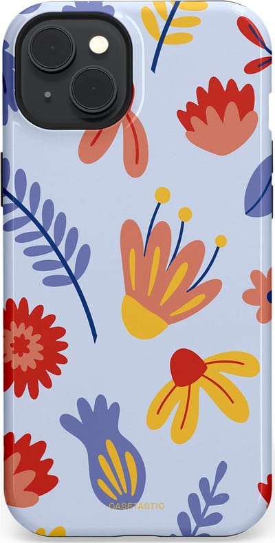 Casetastic hoesje geschikt voor Apple iPhone 15 Plus - MagSafe - Dubbellaagse bescherming - Bloemenwind - Fashion Case - Lichtblauw Terracotta Geel