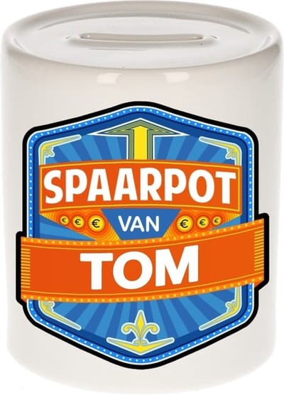 Bellatio Decorations Kinder spaarpot met naam - Tom - keramiek - met dop - wit - Sparen - Spaargeld van Tom