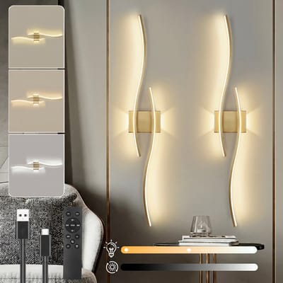 MUPOO Set van 2 Oplaadbare Wandlamp Binnen Goud – Dimbare Draadloze LED Muurlampen – Afstandsbediening & 3000K-6000K – USB-C – Luxe Wandlampen voor Woonkamer Slaapkamer Gang