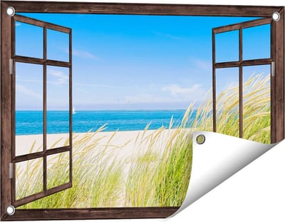 Gards Tuinposter Doorkijk Strand en Zee met een Zeilboot - 60x40 cm - Tuindoek - Tuindecoratie - Wanddecoratie buiten - Tuinschilderij