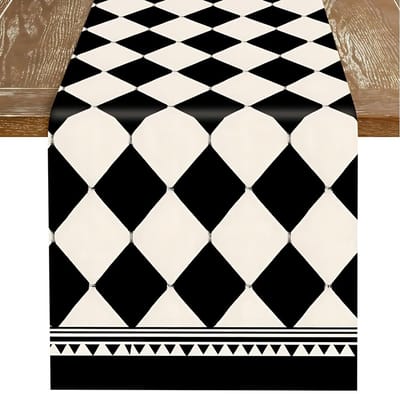1 stuks beige-bruine patchwork tafelkleed met rood-witte geometrische ruitpatronen. Boerderijstijl, perfect voor binnenkeukens, feesten, restaura 90x33cm black