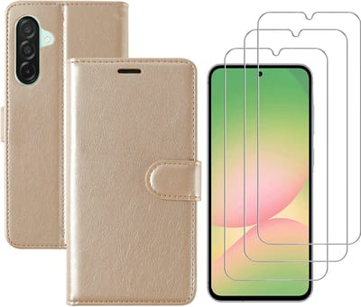 Hoesje geschikt voor Samsung Galaxy A56 bookcase Goud - Met screenprotector tempered glass Galaxy A56 - 3x