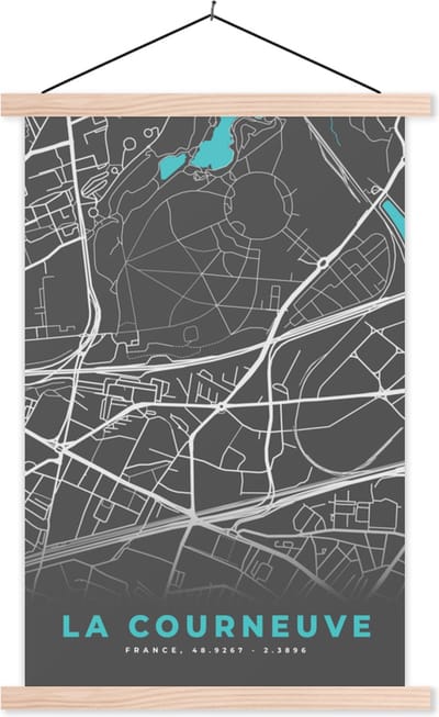 Posterhanger incl. Poster 40x60 cm - Schoolplaat - La Courneuve - Stadskaart - Kaart - Plattegrond - Frankrijk - Textielposter - Blanke latten - Stadskaart