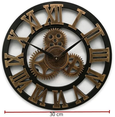 DailyDamaar klok - Horloge - Wandklok - Industriële klok - Wanddecoratie - Romeinse cijfers - 30 cm - Hout - Zwart - Goud