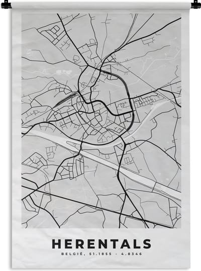 Wandkleed - Wanddoek - Zwart Wit – België – Plattegrond – Stadskaart – Kaart – Herentals - 120x180 cm - Wandtapijt