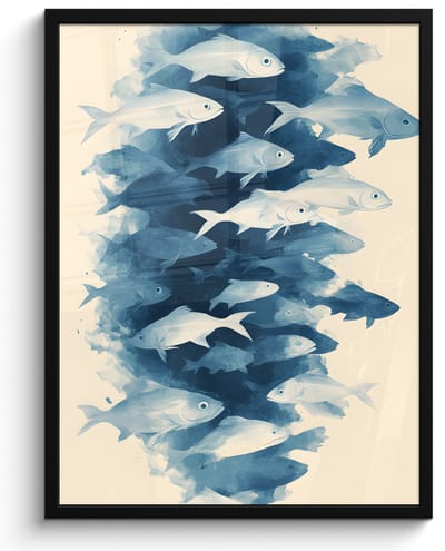 Poster in lijst - Fotolijst 50x70 cm - Posters - Vissen - Minimalistisch - Blauw - Posterlijst zwart - Decoratie - Wanddecoratie woonkamer - Muurdecoratie slaapkamer