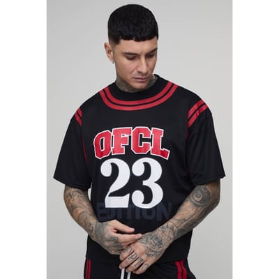 Tall Oversized Boxy Mesh OFCL 23 Printed T-Shirt | Black | Size Small