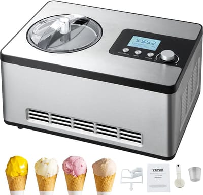 Deliqa ijsmachine - Automatische ijsmachine - 2 liter – Met ingebouwde compressor - Met 3 programma's Voor Roomijs, Sorbet en Frozen Yoghurt - RVS - Inclusief Receptenboek