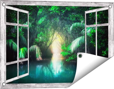 Gards Tuinposter Doorkijk Tropische Jungle met een Turquoise Meer - 60x40 cm - Tuindoek - Tuindecoratie - Wanddecoratie buiten - Tuinschilderij