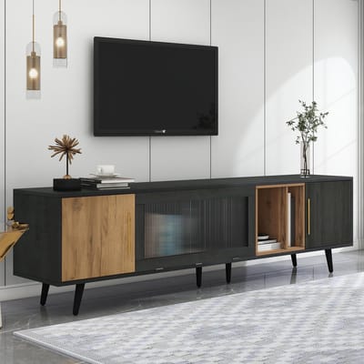 MODENUIT Tv-Meubel - Met 3 Deuren En Open Vak - Voor Woonkamer - MDF In Grijs Met Houtnerf - 200x40x55,5 Cm
