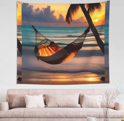 Zonsondergang Strand Hangmat Decoratieve Tapestry - 152x130 cm Wandtapijt voor Binnen en Buiten