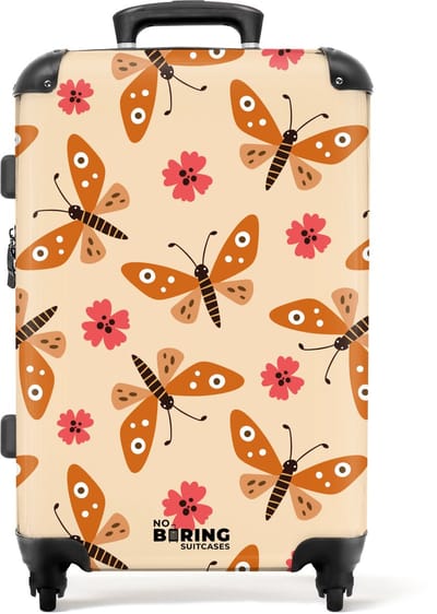 NoBoringSuitcases.com® - Kinderkoffer meisje - Kindertrolley meisjes - Oranje vlinders en roze bloemen op beige achtergrond - Koffer kind groot - Rolkoffer lichtgewicht - Reiskoffer met 4 wielen - Grote trolley XL - 20 kg bagage