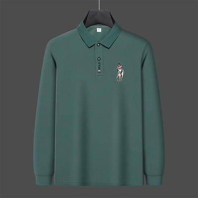 Geborduurd heren poloshirt effen kleur herfst nieuwe revers middelbare leeftijd mensen lange mouw t-shirt 4XL black