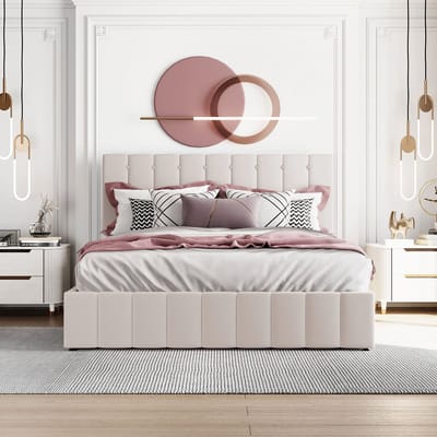 SINGULARITY-Gestoffeerd bed 140x200- tweepersoonsbed- in hoogte verstelbaar gestoffeerd hoofdeinde- metalen lattenbodem- crèmewit- zonder matras