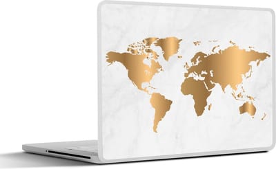 Laptop sticker - 15.6 inch - Wereldkaart - Marmer print - Goud - 36x27,5cm - Laptopstickers - Laptop skin - Cover