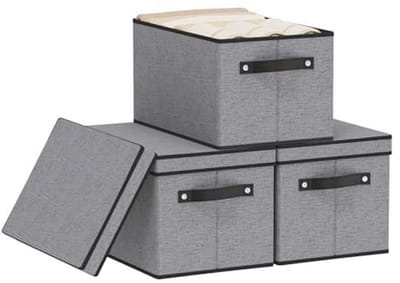 Opbergdozen met deksel - Opvouwbare manden - Ruimte organiseren - Versterkte zijkanten - 3-pack klein - Grijs