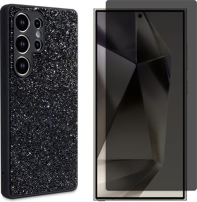 Casemania Hoesje & Privacy Glas Geschikt voor Samsung Galaxy S25 Ultra - Zwart - Diamant Glitter Back Cover & Glazen Screenprotector
