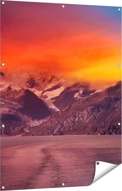 Gards Tuinposter Meer bij de Bergen bij Zonsondergang - 90x120 cm - Tuindoek - Tuindecoratie - Wanddecoratie buiten - Tuinschilderij