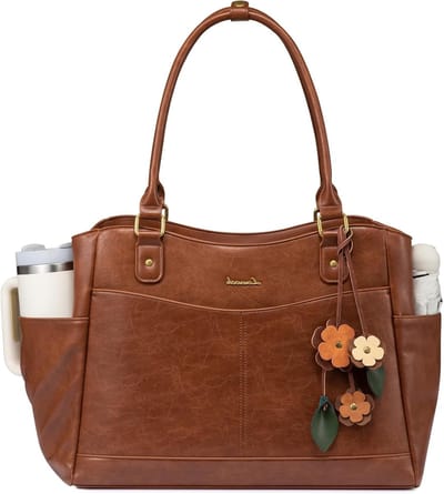 Elegante 15.6 Inch Dames Laptoptas voor Werk, School en Universiteit - Grote PU Leren Handtas met Bloem Hanger en Ruimte voor Laptop en Benodigdheden