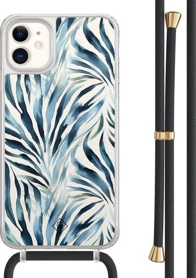 Casimoda® hoesje met zwart koord - Geschikt voor iPhone 11 - Japandi Waves - Afneembaar koord - TPU/acryl - Blauw