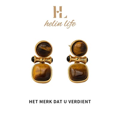 helin life -DamesOorhangers -Oorbellen dames-Oorbellen Goudkleurig -Oorbellen meisje-Tijgeroog steen -925 Tremella naald hypoallergeen- Cadeau