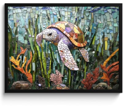 Poster in lijst - Fotolijst 70x50 cm - Posters - Schildpad - Zeewier - Mozaïek - Posterlijst zwart - Decoratie - Wanddecoratie woonkamer - Muurdecoratie slaapkamer
