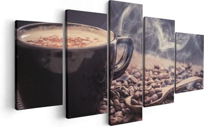 Artaza Canvas Schilderij Vijfluik Hete Koffie Kop Met Koffiebonen - 100x50 - Foto Op Canvas - Canvas Print