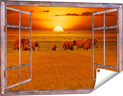 Gards Tuinposter Doorkijk Olifanten in het Wild - Zonsondergang - 90x60 cm - Tuindoek - Tuindecoratie - Wanddecoratie buiten - Tuinschilderij