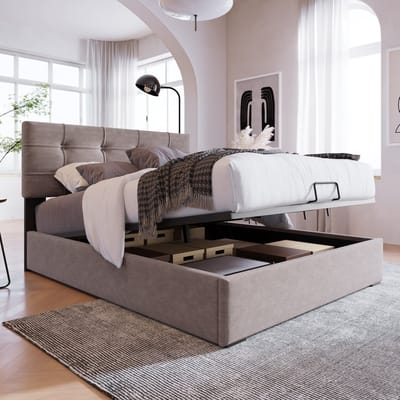 MEUNIQ eenpersoons bed 90x200 cm met verstelbaar hoofdeinde, lattenbodem en opbergruimte, gestoffeerd bedframe voor slaapkamer in lichtgrijs