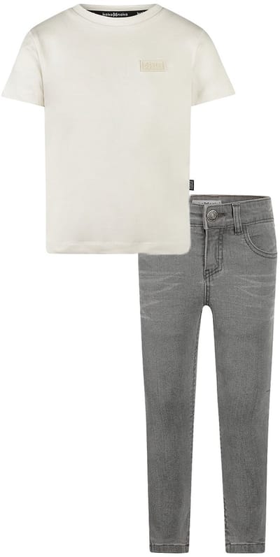 Koko Noko - Kledingset - Basic Collection - Bio Cotton - Grijze jeans - Shirt korte mouw Off white - Maat 92