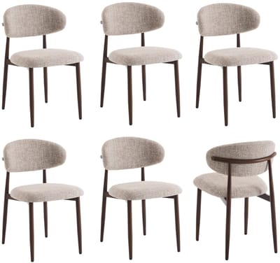 Eetkamerstoelen Celia - Set van 6 - Taupe Walnoot - Japandi Stijl Eetkamerstoel - Zachte Stofbekleding - Metalen Poten Houtlook