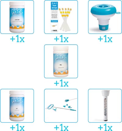 Zwembad Onderhoudspakket - Onderhoud Zwembad - bevat Chloor - Testrips - Chloordrijver - PH-min - PH-plus - Schoonmaakset en Thermometer (7-delig)