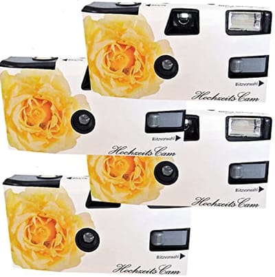 Wegwerpcamera 4X 1A Geel met Trouwroos - Perfect voor Bruiloften