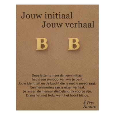 Letter B Oorbellen op Cadeau Kaartje - Jouw initiaal, jouw verhaal - Goudkleurig Stainless Steel - 7mm Initiaal Oorknopjes- Pax Amare