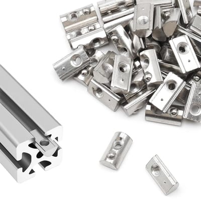50 stuks M5 T-moeren met veer en centreerkogel, koolstofstaal, voor aluminium profielen en groefbreedte 8 mm