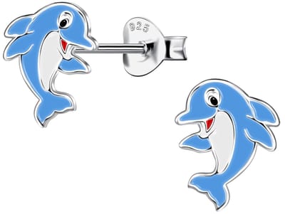 Joy|S - Zilveren dolfijn oorbellen - 8 x 10 mm - blauw wit - rhodium / gehodineerd