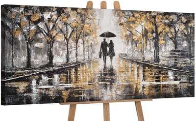 Canvas schilderij panoramisch 115x50 handgeschilderd samen wandelen figuren – YS-Art Gallery – Romantische wanddecoratie voor woonkamer – Modern schilderij voor hal