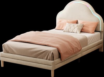 Merax Kinderbed 90x200 cm met Wolkenvormig Hoofdeinde en LED Verlichting - Beige Fluweel - Met Houten Lattenbodem