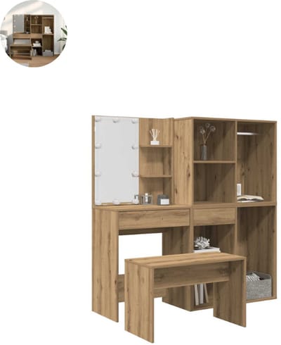 Kaptafel met spiegel - Make up tafel - Make up - Toilettafel - Met lades - Met LED-verlichting - Artisanaal Eiken