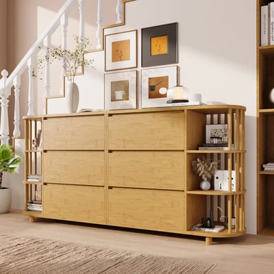 Wishdor Dressoir - 6 Lades En Open Bamboe Legplanken - Romeins Design Met Zuilen - Verstelbare Poten - Eiken Kleur - 160 X 40 X 75 Cm