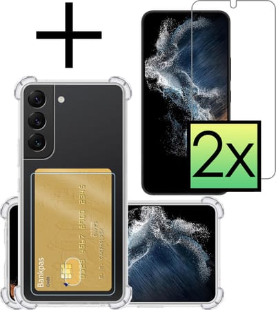 Hoesje - Geschikt voor Samsung Galaxy S22 - Met 2x Screenprotector - Pashouder - Kaarthouder - Telefoon Hoes Shockproof - Siliconen Case - Back Cover - Shock Proof - Pasjes Houder - Transparant