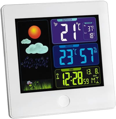 Weerstation Draasloos Binnen/Buiten - Weerstation - Wit - Draadloze Temperatuurmeting - Kleurige Achtergrondverlichting - Voor Binnen en Buiten