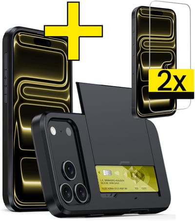 Hoesje Geschikt voor iPhone 17 Pro Hoesje Case Pashouder Hard Cover Met 2x Screenprotector - Hoes Geschikt voor iPhone 17 Pro Hoesje Met Kaarthouder - Zwart