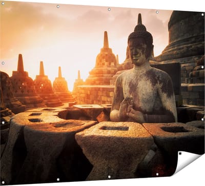 Gards Tuinposter Boeddha Beeld in een Tempel - 160x120 cm - Tuindoek - Tuindecoratie - Wanddecoratie buiten - Tuinschilderij